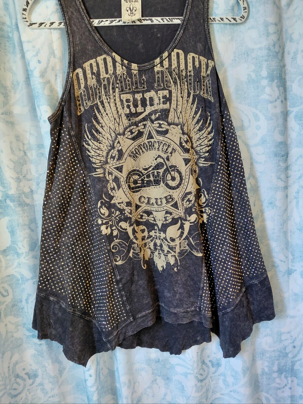 Black Graphic Motorcycle Club Tank Top with Stud Detail